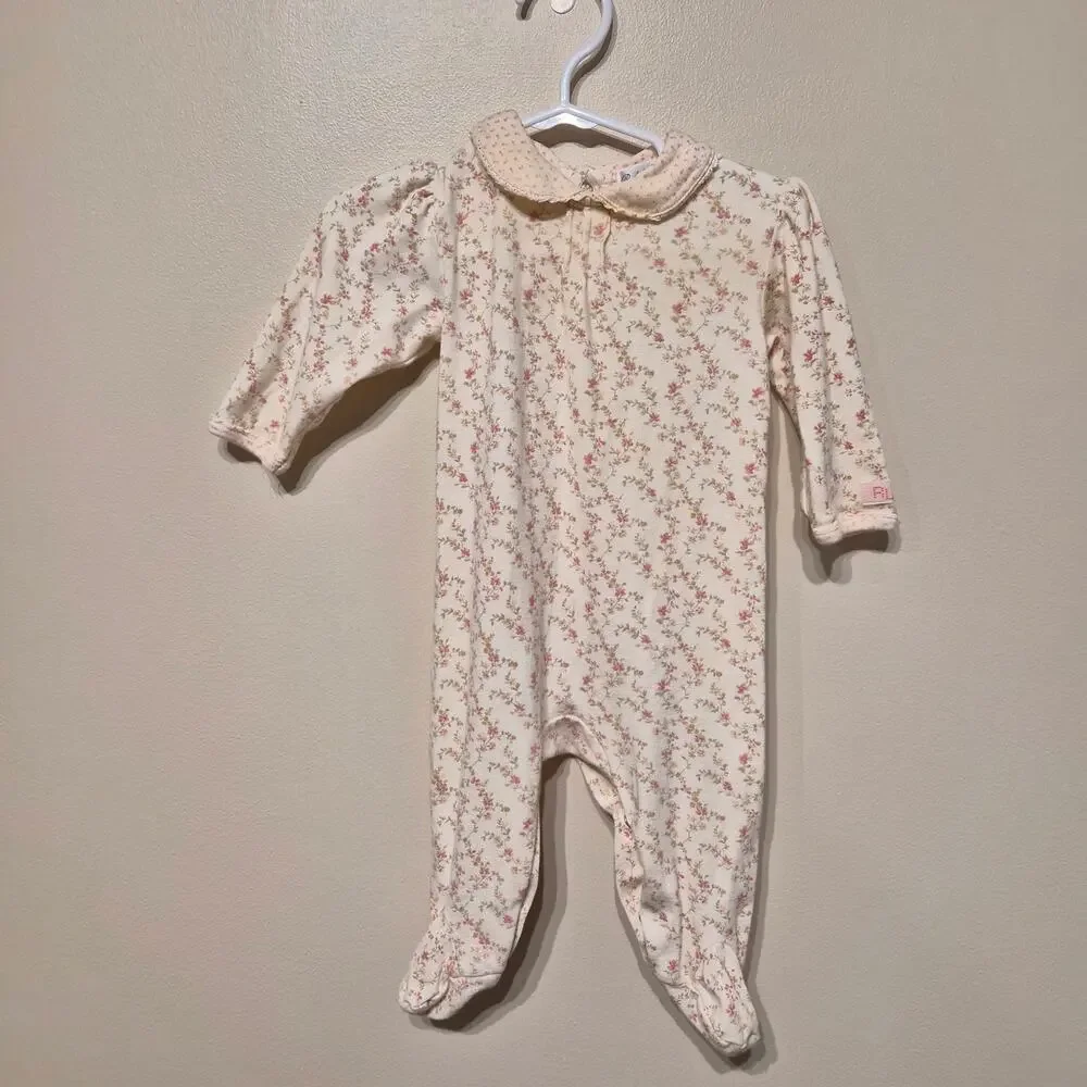 Ralph Lauren 6-9 Month 100% Cotton Floral Footed Collared Coverall Pajama